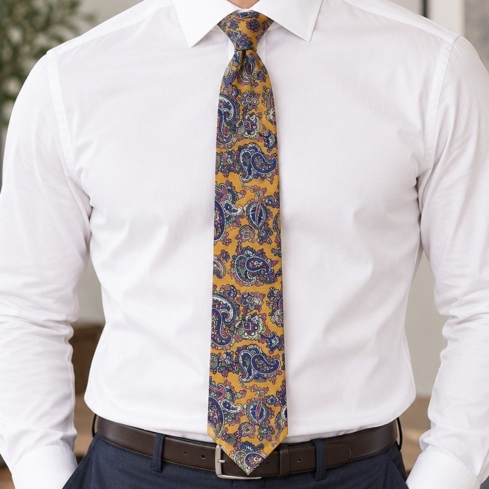 VTG Polo Ralph Lauren Necktie Yellow Paisley Silk Handmade Italy Classic Preppy